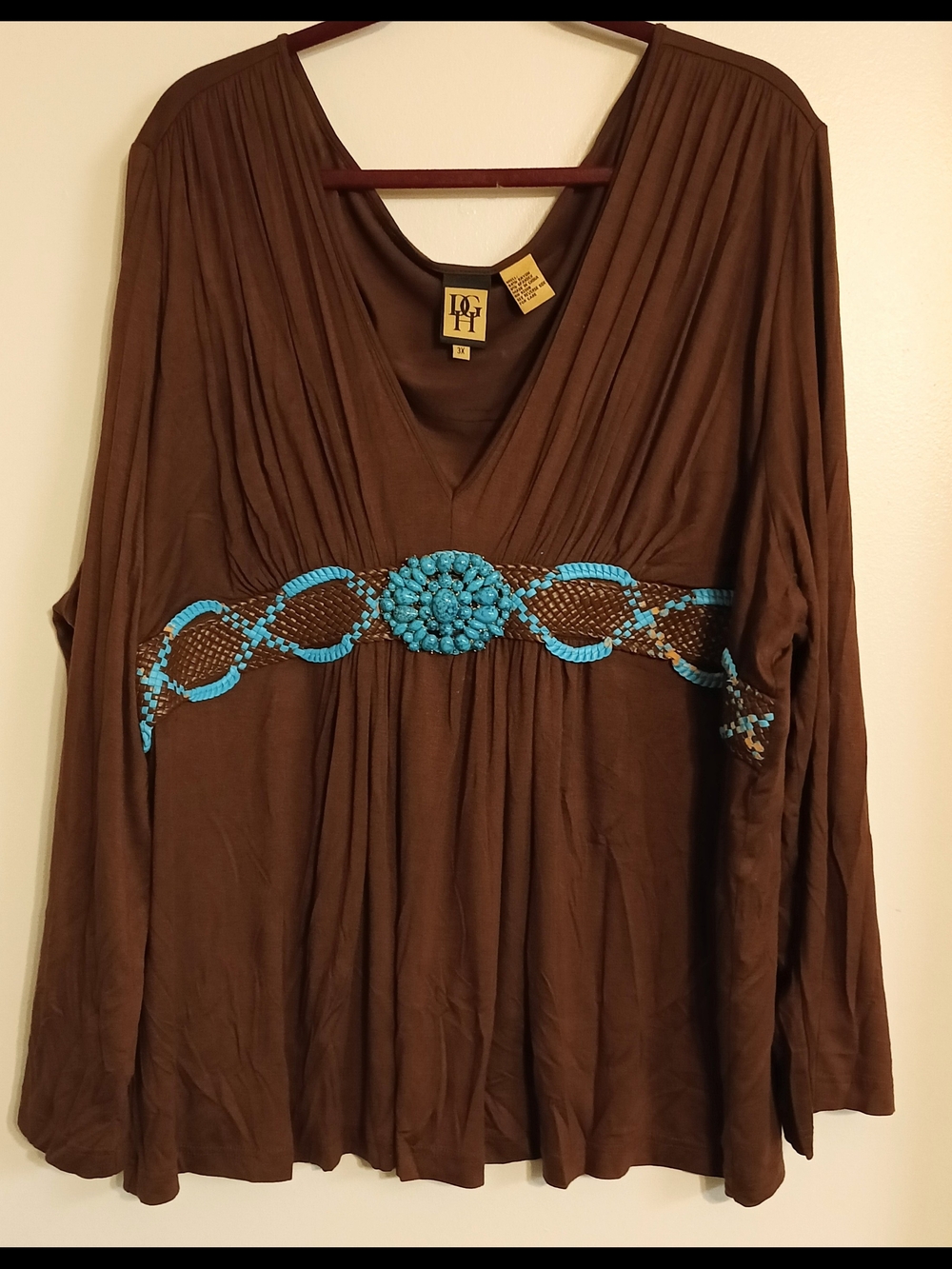DG2 Diane Gilman Brown Embellished Empire Waist Boho Stretch Knit Blouse Size 3x - Picture 2 of 5